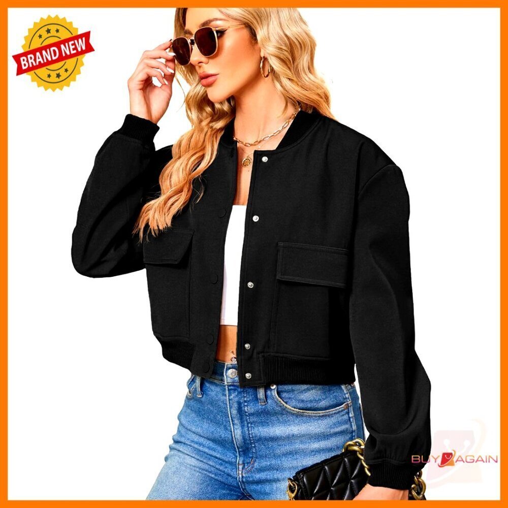 Cropped Bomber Jacket Women Button Down Long Sleeve Casual Varsity Style